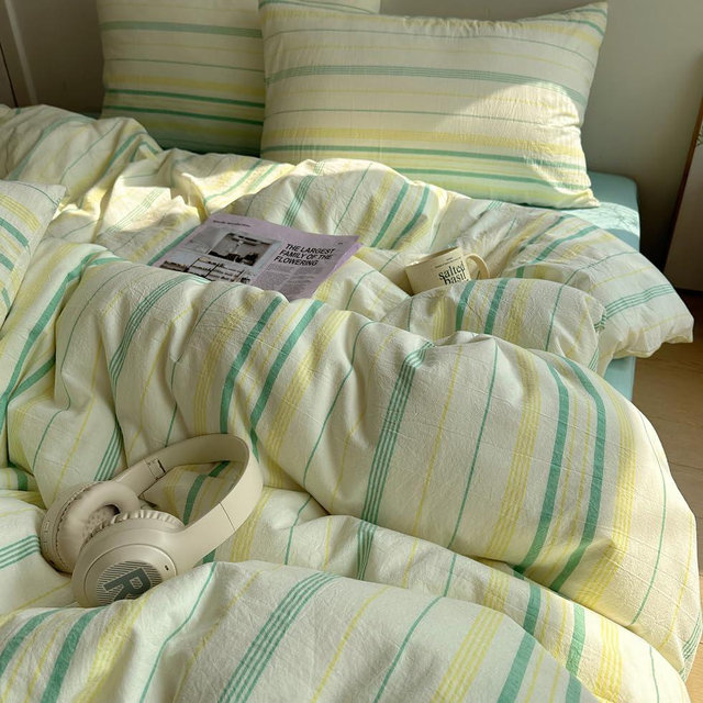 EAVD Retro Striped Duvet Cover Set King Soft 100% Cotton Vintage Yellow Green Stripes Pattern Bedding Set with 2 Pillowcases Reversible Farmhouse Geometric Printed Duvet Cover with Zipper