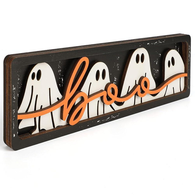 Vintage Halloween BOO Decorations for Office, Home, Table, Mantel, Shelf, Desk, 3 1/2 x 11 Inch Retro Halloween Sign, Wooden Happy BOO Day Decor Sign, Spooky Black Orange Decoration (Ghost)
