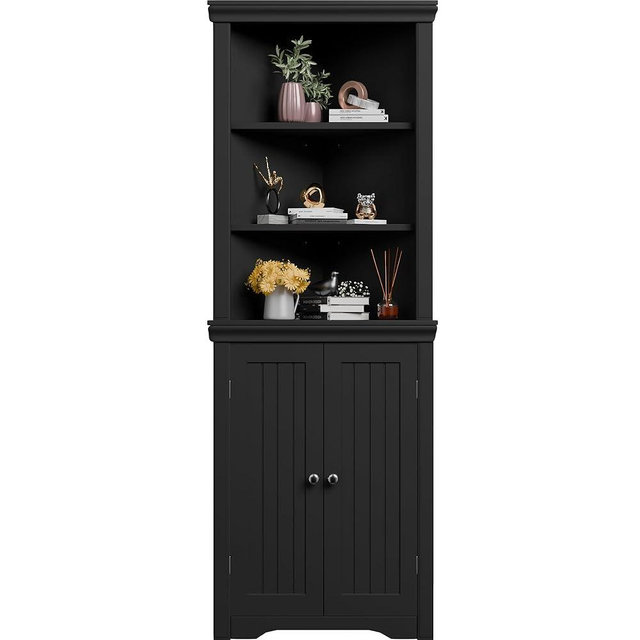 Furmax 62" Corner Cabinet, Bathroom Storage Cabinet with 6 Adjustable Shelves & 2 Doors, Freestanding Corner Shelf for Living Room, Bathroom, Kitchen (Black)