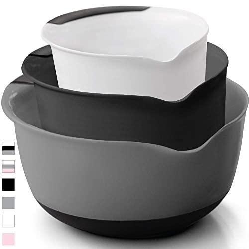 Gorilla Grip Original Mixing Bowls Set of 3, Slip Resistant Bottom, Includes 5 Qt, 3, and 1.5 Quart Nested Bowl, Dishwasher Safe, Grip Handle for Easy Mix, Pour Spout, Baking 3 Piece, Gray Black White