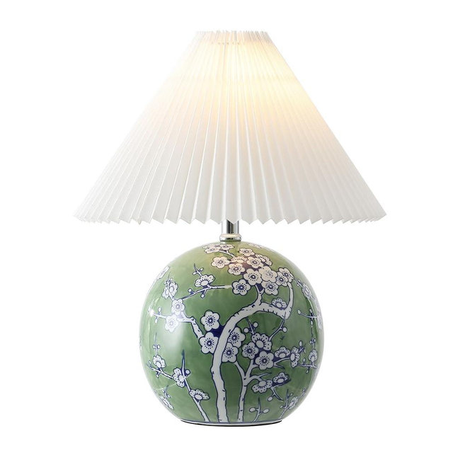 JONATHAN Y JYL5056A Shishen 19.5" Cottage Classic Chinoiserie Ceramic Orb LED Table Lamp with Pleated Shade, Green/White for Bedroom, Living Room, Kitchen, Home Office, Kids Room