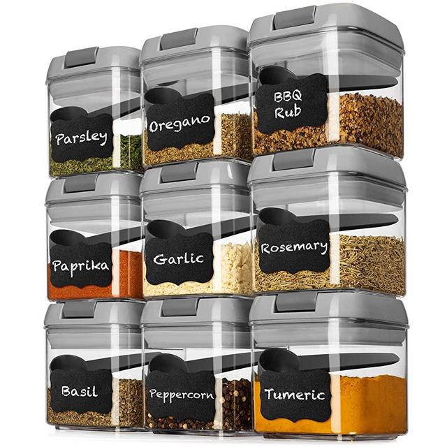 Shazo Airtight 9 Pc Mini Container Set + 9 Spoons, Labels & Marker - Durable Clear Plastic Food Storage Containers with Lids - Kitchen Cabinet Pantry Containers for Spices, Herbs, Coffee, Tea etc GRAY