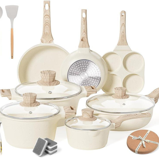 Caannasweis Pots and Pans Set, Nonstick Kitchen Cookware Sets, Granite Pots and Pans, Cooking Pans Pots Set (Cream White, 20 Piece Egg Pan Set)