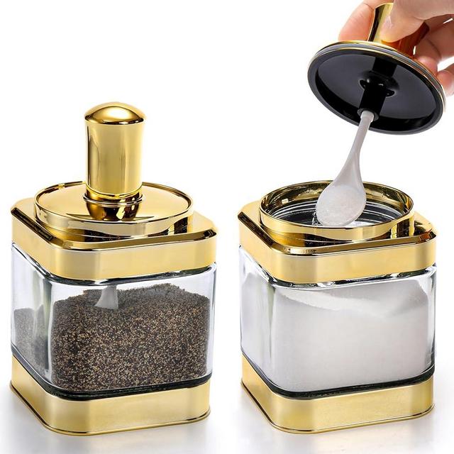 Mezchi 2 Pack Glass Condiment Pot, 12 Ounce Gold Spice Jars with Spoon, Seasoning Box Set Salt Container, Sugar Dispense, Kitchen Containers for Flour and Sugar