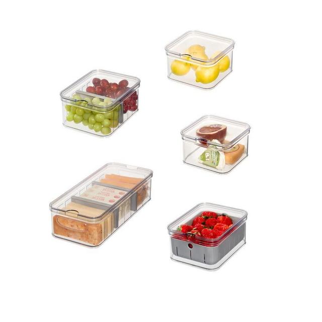 iDesign The Spruce 5-Piece Plastic Refrigerator Organizer Bin Set with Lids, Clear/Gray