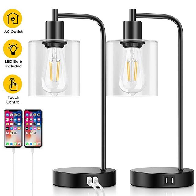 Set of 2 Industrial Touch Control Table Lamps with 2 USB Ports and AC Power Outlet, 3-Way Dimmable Bedside Nightstand Reading Lamps with Glass Shade for Bedroom Living Room Office 2 LED Bulbs Included