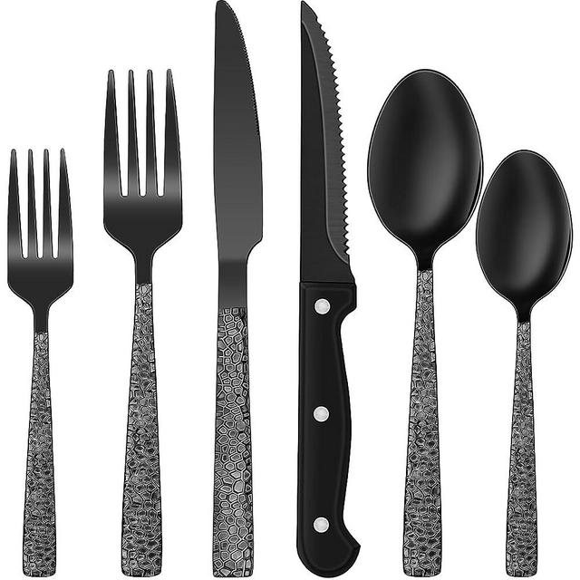 Black Hammered Silverware Set, 24-Piece Stainless Steel Square Flatware Set with Steak Knives for 4, Food-Grade Tableware Cutlery Set, Utensil Sets for Home Restaurant, Mirror Finish, Dishwasher Safe