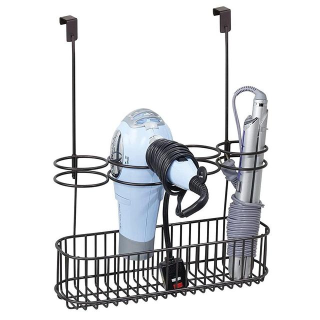 mDesign Metal Over Door Bathroom Hair Care & Styling Tool Organizer Storage Basket for Hair Dryer, Flat Irons, Curling Wands, Hair Straighteners - Hang Inside/Outside Cabinet Doors - Bronze