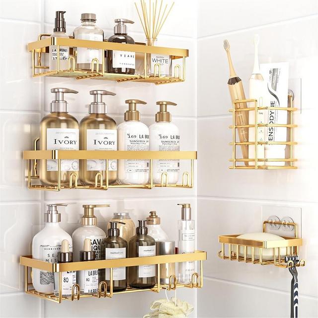 Liuoud Shower Caddy 5 Pack, Bathroom Shower Organizer Rack for Inside Shower, Adhesive Shower Shelf,Shampoo Holder, Shower Basket, Metal Wall Storage, Gold