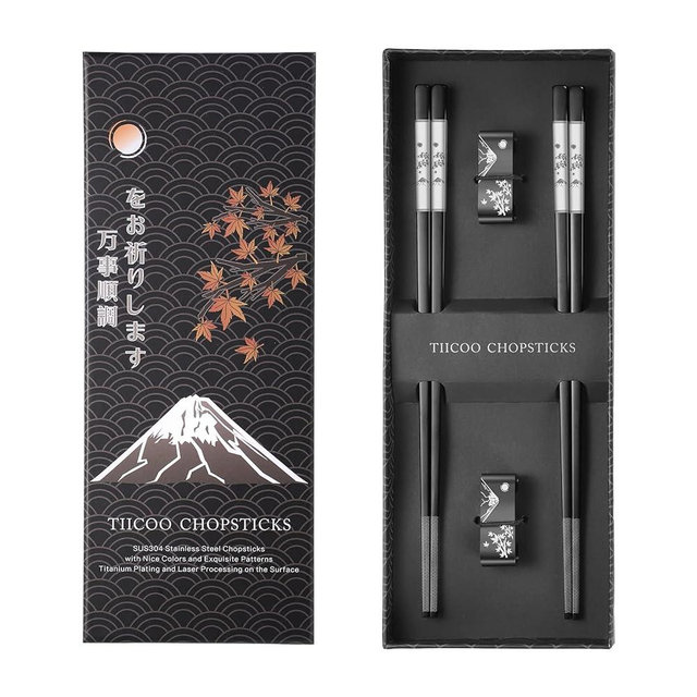 Metal Chopsticks Reusable 2 Pairs Titanium Plated 18/8 Stainless Steel Chopsticks with Holder, Dishwasher Safe Non-Slip Japanese Style Laser Engraved Chop Sticks Gift Set (Black)