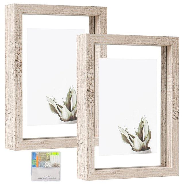 MUYE 5x7 Floating Frames Distressed Beige White Wood Pattern,Double Glass Picture Frame Display Any Size Photo up to 5x7,Wall Mount or Tabletop,2 Pack