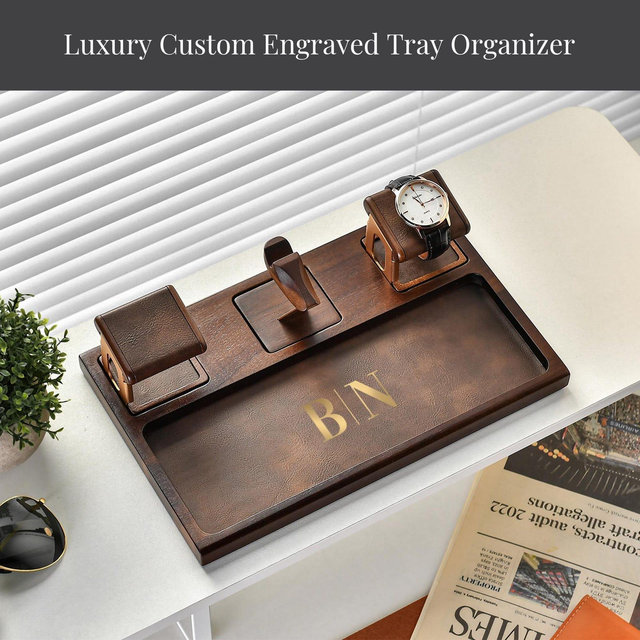 Special gifts for him custom docking station for men vanity tray wood nightstand 7th wedding anniversary personalized leather valet tray
