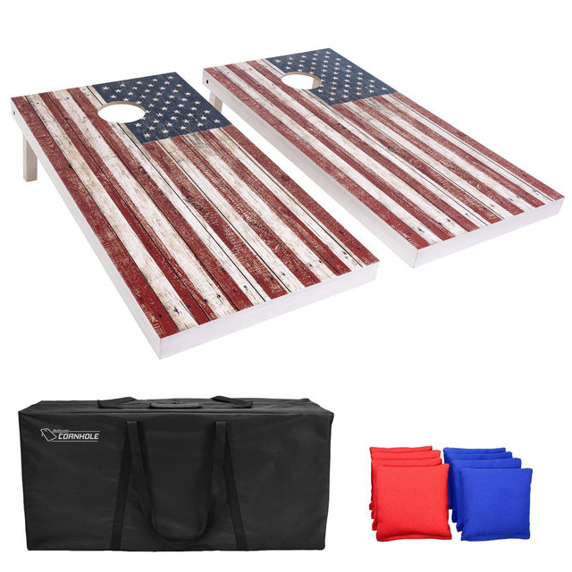 GoSports 4 ft x 2 ft Regulation Size Premium Wood Cornhole Set - Rustic American Flag Design