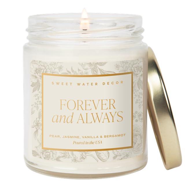 Sweet Water Decor Forever and Always Wedding Candle, Bridal Shower Gift, Scents; Pear, Jasmine, Vanilla, & Bergamot, Romantic Candle, 40 Hours Burn Time, Grey Delft Design 9oz Clear Jar with Gold Lid