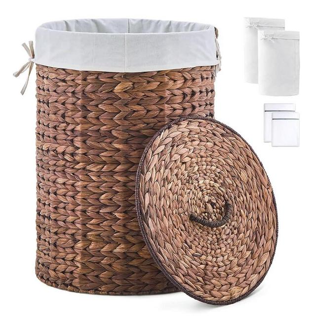 Round Water Hyacinth Laundry Hamper with Lid Handwoven Wicker Basket with Handles for Dirty Clothes, Storage, and Organization Ideal for Bedroom, Bathroom, and Laundry Room, No Assembly Required, 90L