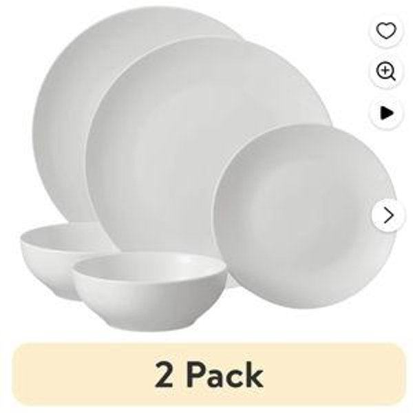 (2 pack) Mainstays Glazed White Stoneware Dinnerware Set, 12-Pieces