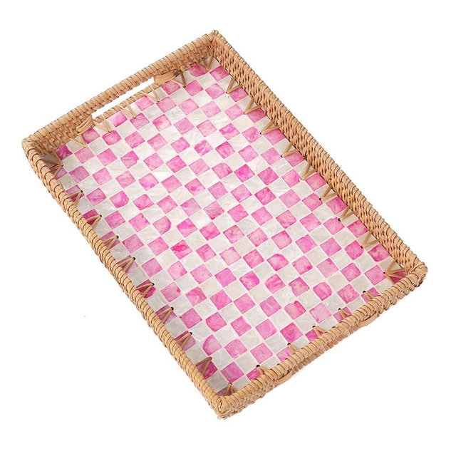 Tynulox Rectangle Rattan Tray with Mother of Pearl Inlay, Rattan Serving Tray with Handle for Coffee, Bread, Fruits, Decorative Wicker Tray for Table Decor (Rectangle Pink Checkerboard, 13"×9")