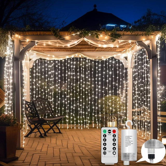 Upgraded 300LED Curtain Lights Battery Operated Outdoor Waterproof, 10ftx10ft Twinkle Hanging Waterfall Lights with Remote Control, 8 Mode Dimmable String Fairy Lights for Bedroom Porch Gazebo White