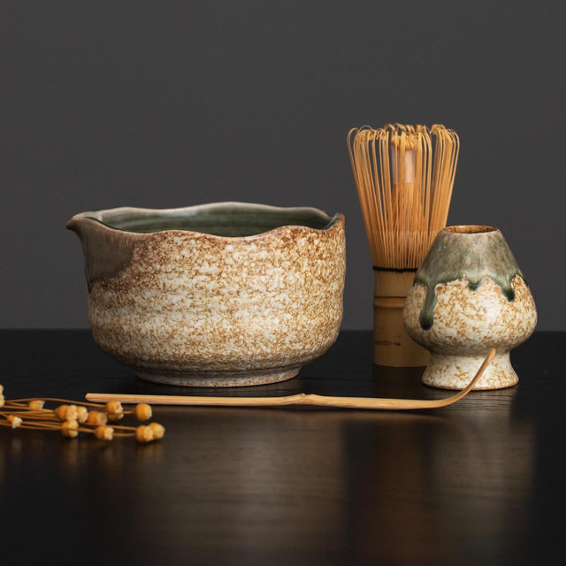 Handmade Vintage Green Flow Glaze Matcha Set: Ceremony Bowl Gift