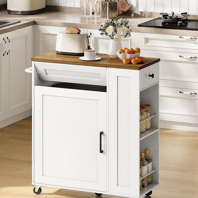 CHOEZON Kitchen Island Cart with Storage, Kitchen Cabinet, Mobile Kitchen Island, Storage Trolley for Kitchen with Hidden Trash Bin Cabinet, for Dining Room, White and Walnut MZD06WL