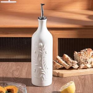 Sweejar Large Olive Oil Dispenser Bottle with Spout, 24 Oz Ceramic Oil Dispenser for Kitchen, Relief Opaque Oil Cruet, Oil Container for Cooking, EVOO, Avocado Oil, Vinegar, Pack of 1 (White)
