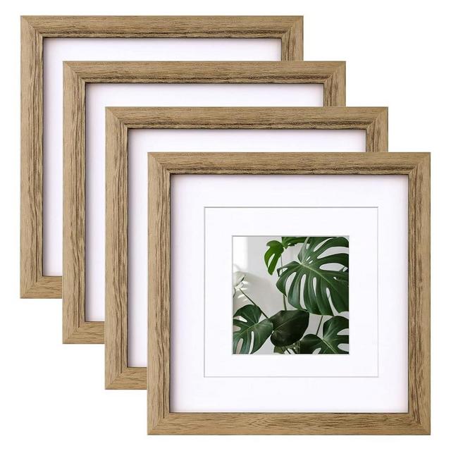 Egofine 8x8 Picture Frames with Plexiglass, Display Pictures 4x4/6x6 with Mat or 8x8 Without Mat Set of 4 for Tabletop and Wall Mounting, Carbonized Brown
