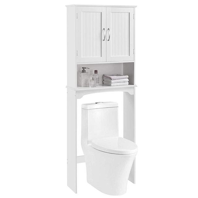 YAHEETECH Over The Toilet Space Saver, Double Door Bathroom Storage Organizer, Toilet Rack with Inner Adjustable Shelf and Open Storage Shelf, White