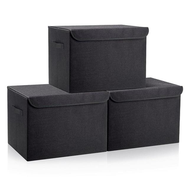 Large 17" 42 Quarts Collapsible Stackable Storage Bins with Lids [3-Pack] Foldable Fabric Linen Storage Boxes Cube, Closet Organizer Baskets with Label (16.7 x 12 x 12, Black)