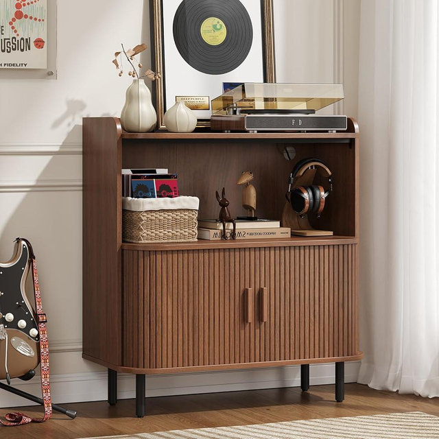 ONBRILL Mid Century Modern Record Player Stand, Vinyl Record Storage Cabinet with Sliding Door and Charging Station, Large Turntable Stand Table Holds 300 Albums for Living Room Bedroom, Walnut, 31"W