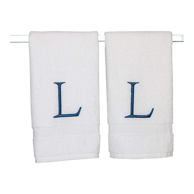 Monogrammed Hand Towels for Bathroom - Luxury Hotel Quality Personalized Initial Decorative Embroidered Bath Towel for Powder Room, Spa - GOTS Organic Certified - Set of 2 Navy Letter L