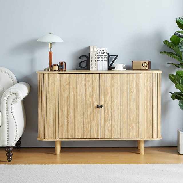 NVETHM Storage Cabinet, Sideboard Buffet Cabinet with Stripping Decorated Design, 2 Doors and Adjustable Shelve, Console Table, Credenza for Living Room, Dining Room, Bedroom (Natural)