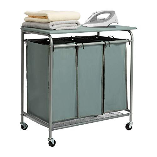 HollyHOME Laundry Sorter Cart with Foldable Ironing Board with Removable 3 Bags Laundry Hamper Sorter Blue Grey
