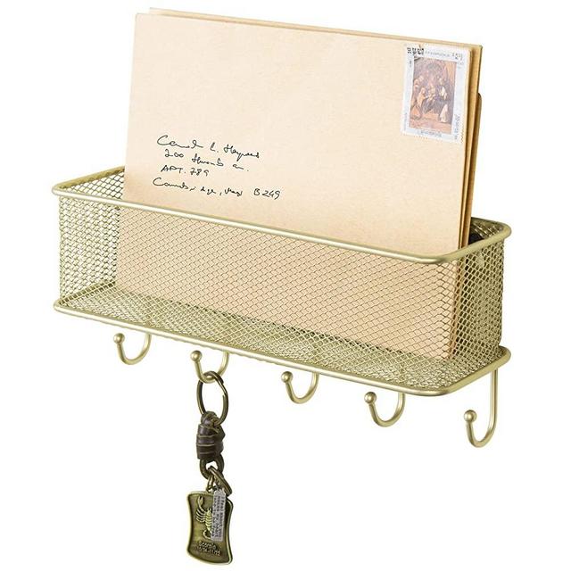 MyGift Modern Brass-Tone Wall-Mounted 5 Key Hook Rack with Metal Wire Mesh Mail Basket