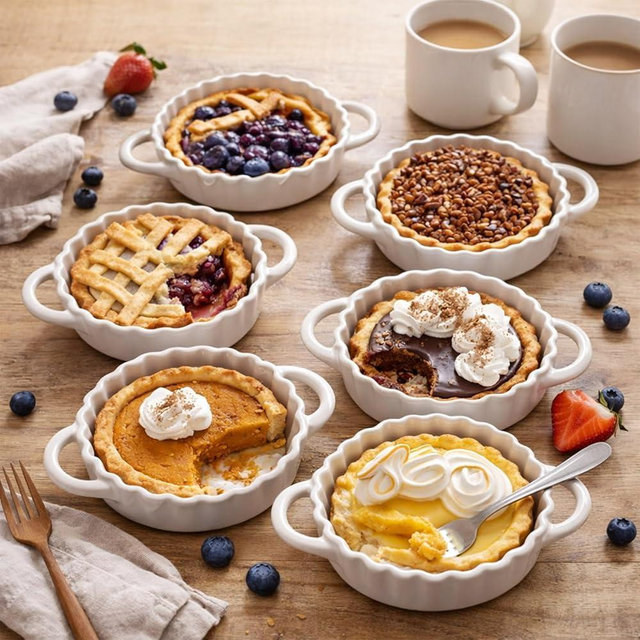 Yamteck 5in Ceramic Mini Pie Pan Set of 6 with Handles for Pie Quiche Tart. Easy to grip, Lead-Free. 8 oz Ramekins Dish for Creme Brulee, Soufflés; Gifts for Baking Enthusiast. Oven Dishwasher Safe