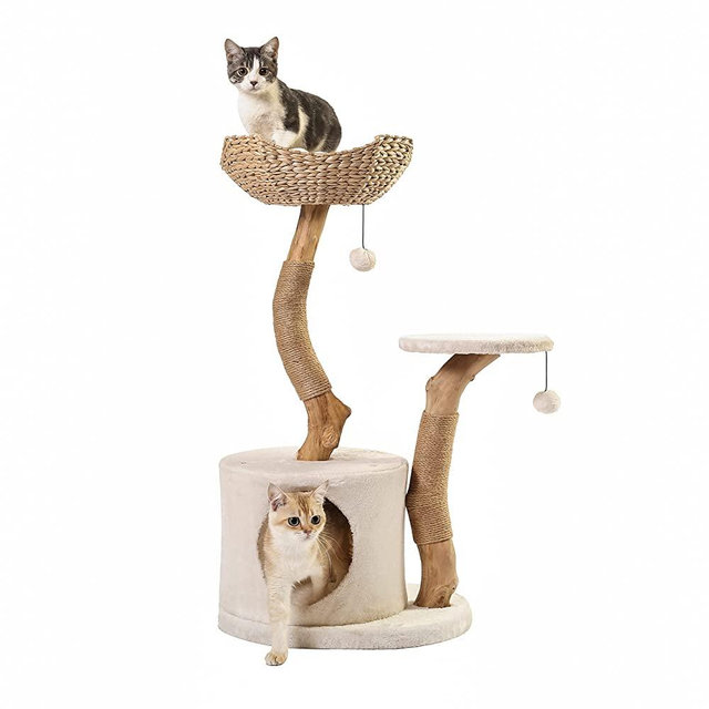 KONELCARE Modern Cat Tree for Indoor Small Cats - Real Wood Cat Tower with Scratch Post, Hiding Enclosure - Unique Cat Tree,White