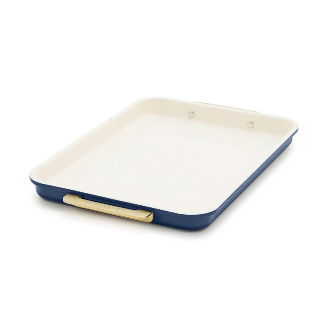 GreenPan Bakeware 13" x 9" Quarter Sheet Pan, Ceramic Nonstick Baking Pan, PFAS & BPA Free, Gold Handles, Durable Steel, Versatile & Space Saving Ovenware, Freezer to Oven Dish, Oxford Blue