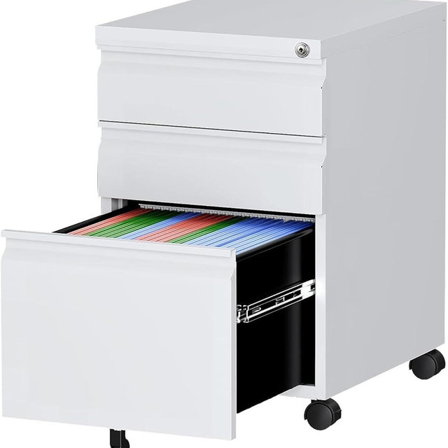Letaya 3 Drawer Mobile File Cabinet with Lock, Under Desk Metal Rolling Filing Cabinets for Home Office Organizer Letters/Legal/A4 (White- Requires Installation) (White)