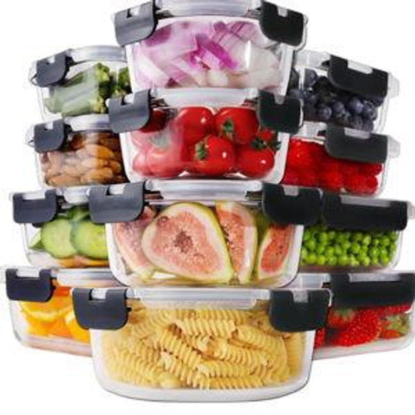 HOMBERKING 24pc Borosilicate Glass Food Storage Containers with Lids, Glass Meal Prep Containers with Leak Proof Snap Lock Lids, Airtight Bento Lunch Boxes, Kitchen Storage (12 lids & 12 Containers)