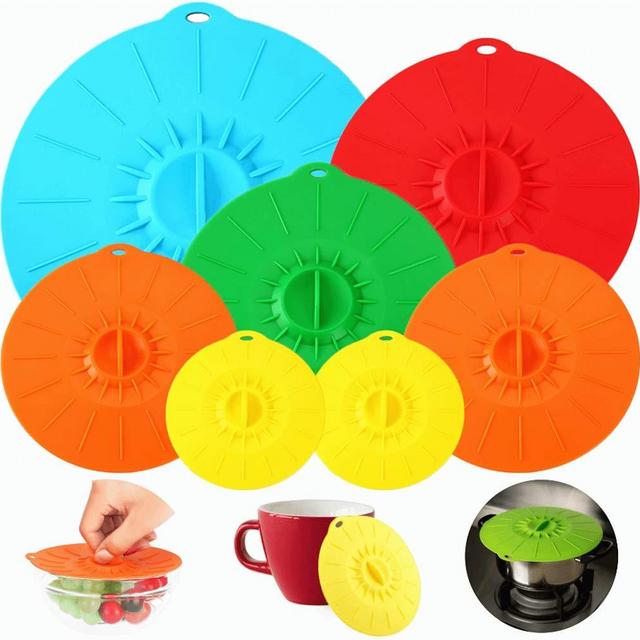 7 Pack Silicone Lids, Microwave Splatter Cover, 5 Sizes Reusable Heat Resistant Food Suction Lids fits Cups, Bowls, Plates, Pots, Pans, Skillets, Stove Top, Oven, Fridge, BPA Free