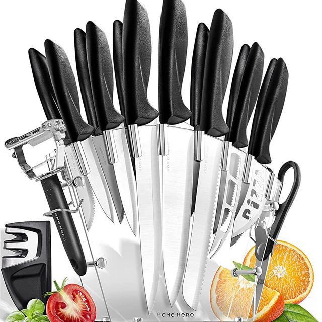 Home Hero Chef Knife Set Knives Kitchen Set Stainless Steel Kitchen Knives Set Kitchen Knife Set with Knife Block, Professional Knife Sharpener 17 Piece Set (Stainless Steel Blades)