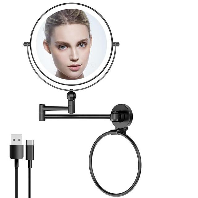 Rocollos Height Adjustable Wall Mounted Makeup Mirror, Double Sided 1X/10X Magnifying Rechargeable LED Vanity Mirror with Lights 360 Swivel Extendable Arm Mirror