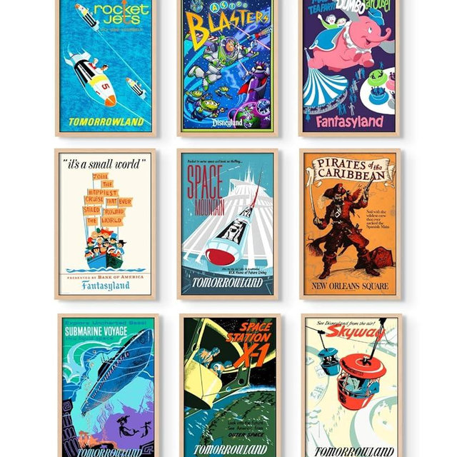Disneyland posters - Vintage Disney Posters, Disney Gifts for Adults, Disneyland Decorations, Retro Collectable Memorabilia, Nostalgic Amusement Park Prints - Unframed Reproduction Set of 9 (11x17")