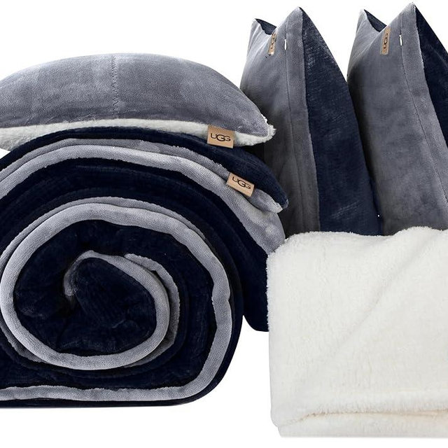 UGG 32539 Remina California King 5-Piece Comforter Set Reversible Luxurious Comforter and Two Shams with 18 x 18-inch Decorative Throw Pillow and 50 x 60-inch UGGFluff Throw Blanket, King, Navy