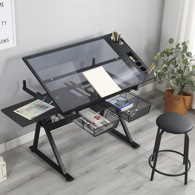 Acosure Tempered Glass Drafting Printing Table with Chair and Two Drawers,Desk W/Tilted Tabletop & Adjustable Legs,for Home,Office,School,Easy to Assemble,Black