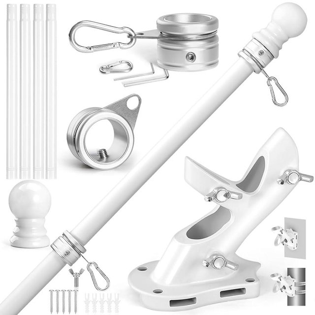 Anovo Flag Pole Kit- Upgraded Holder, Stainless Steel 5 FT Flag Poles with1 Inch Metal 360° Rotating Flag Pole Rings Two-Position Flag Pole Bracket Mounting for Outside House Porch (5 FT - White)