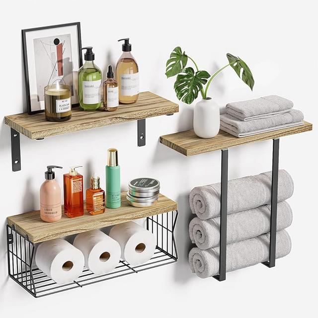 Floating Shelves Wall Mounted Over Toilet: Bathroom Shelf with Towel Rack Paper Holder Storage - Rustic Wood Farmhouse Shelves for Wall Decor/Bathroom