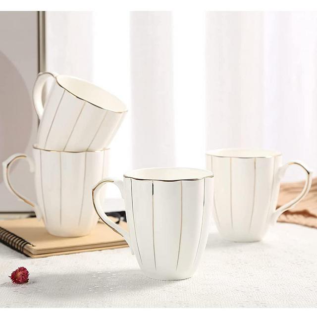DUJUST Coffee Mug Set of 4(13.5oz), Luxury British Design with Handcrafted Golden Trims, 1st-Class Bone-china White and Gold Cup Set for Coffee, Tea&Milk, Beautiful&Graceful Top Fine Porcelain Cups