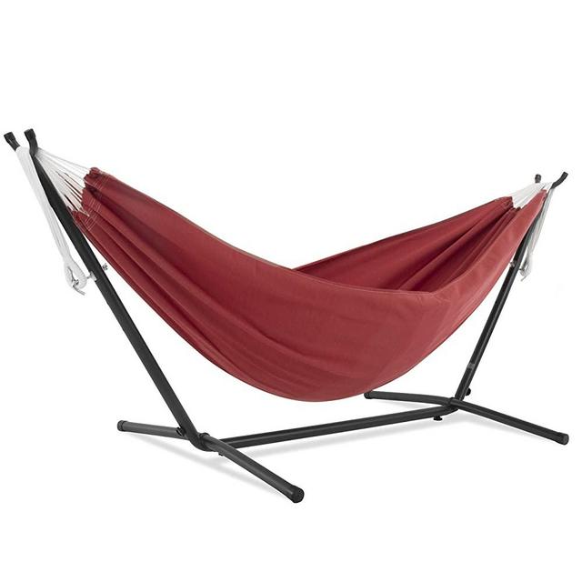 Vivere Double Sunbrella Hammock with 9ft Space Saving Steel Stand (450 lb Capacity - Premium Carry Bag Included) (Crimson)