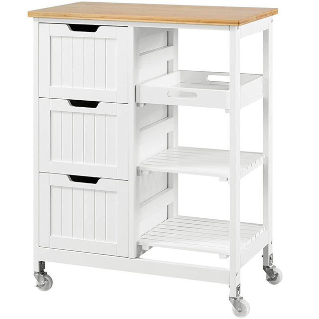 Yaheetech Kitchen Cart on Wheels with 3 Drawers and 3 Open Shelves, Kitchen Island with Bamboo Countertop for Dining Room Bar Microwave Cart, 26.5”Lx15”Wx33”H, White