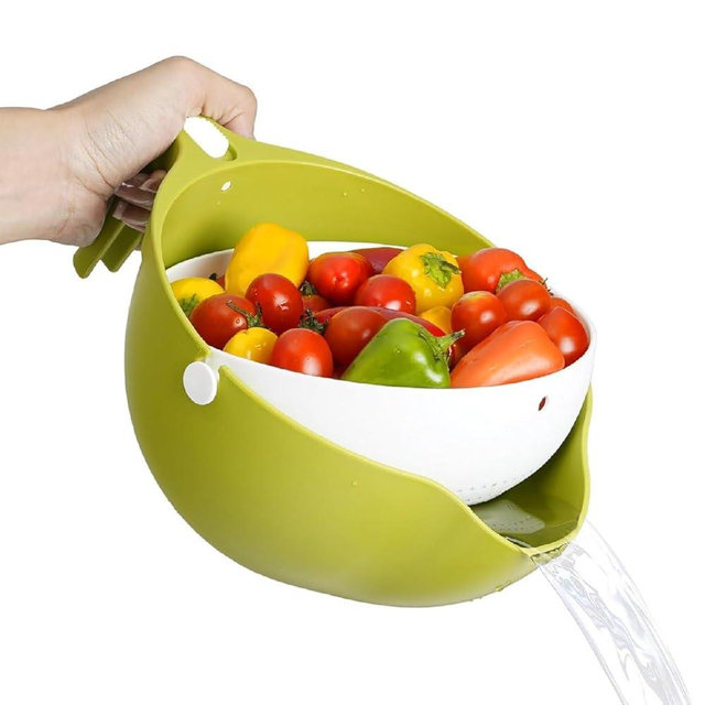 2 in 1 Kitchen Colander Rotating Washing Basket with Handle for Fruit Vegetables and Pasta, Strainer Bowl, Strainers and Colanders Double Drainer Basket, 1pcs Pack Double Rotatable Colander